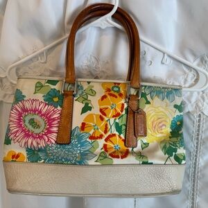 Coach Floral Fabric Satchel Bag with Leather Handles and bottom
